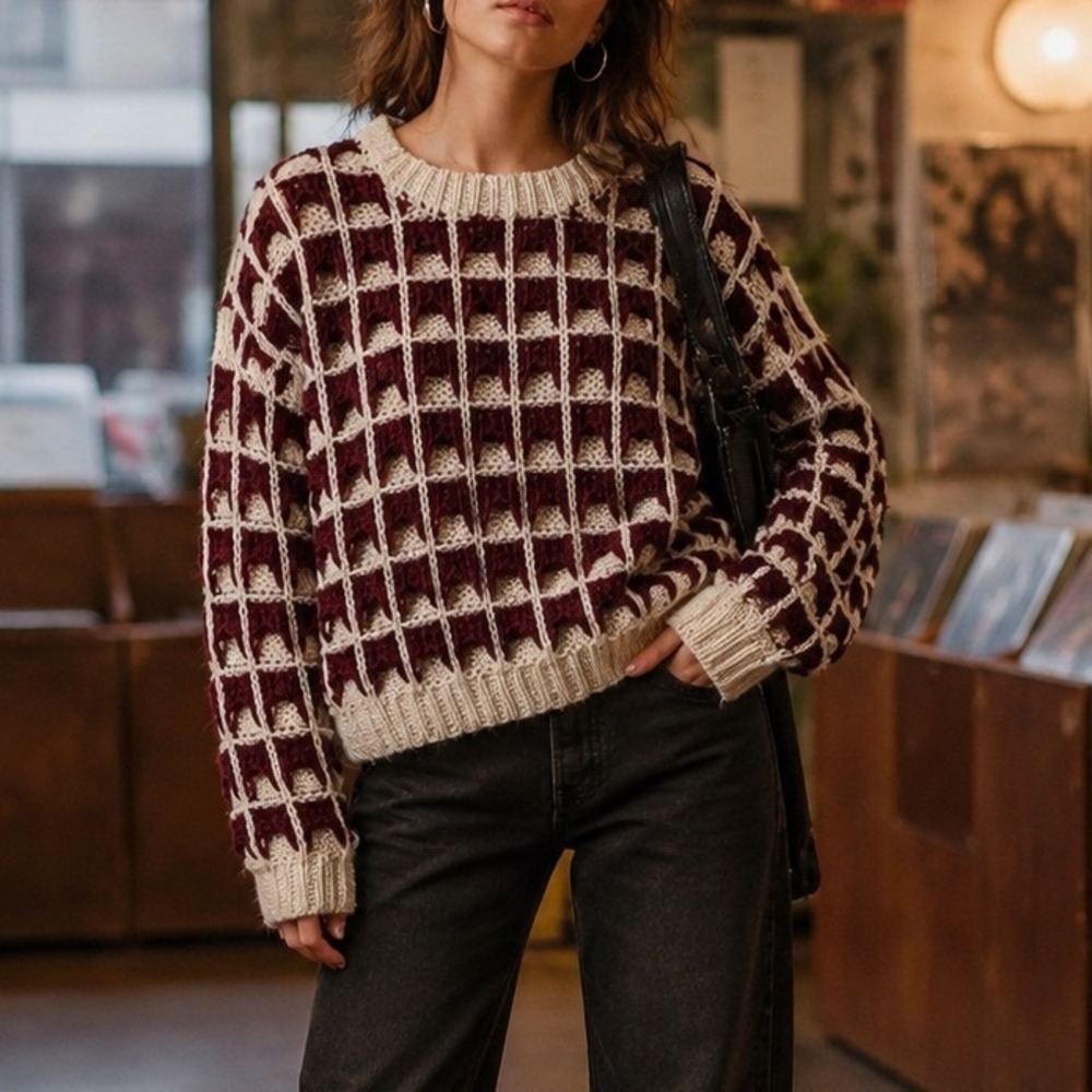 Blu Pepper Burgundy Cream Checkerboard Chunky Knit Sweater Oversized Large